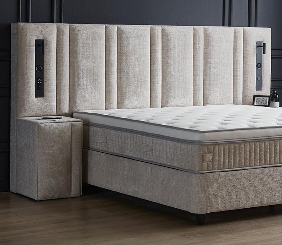 Beddenscout24 Boxspring bed met opbergruimte 160x200 cm Beige- Riviera Inclusief 32 cm matras en topper