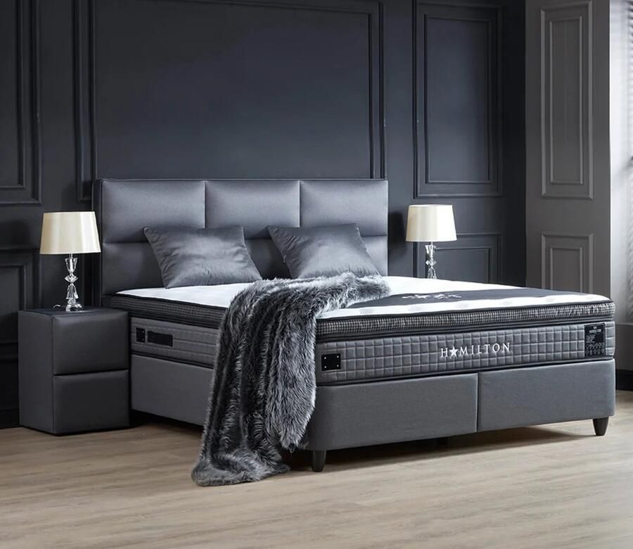 Beddenscout24 Boxspring bed met opbergruimte 160x200 cm Grijs Opbergbed Hamilton Inclusief 30 cm matras en topper HR- Koudschuim - Foto 2