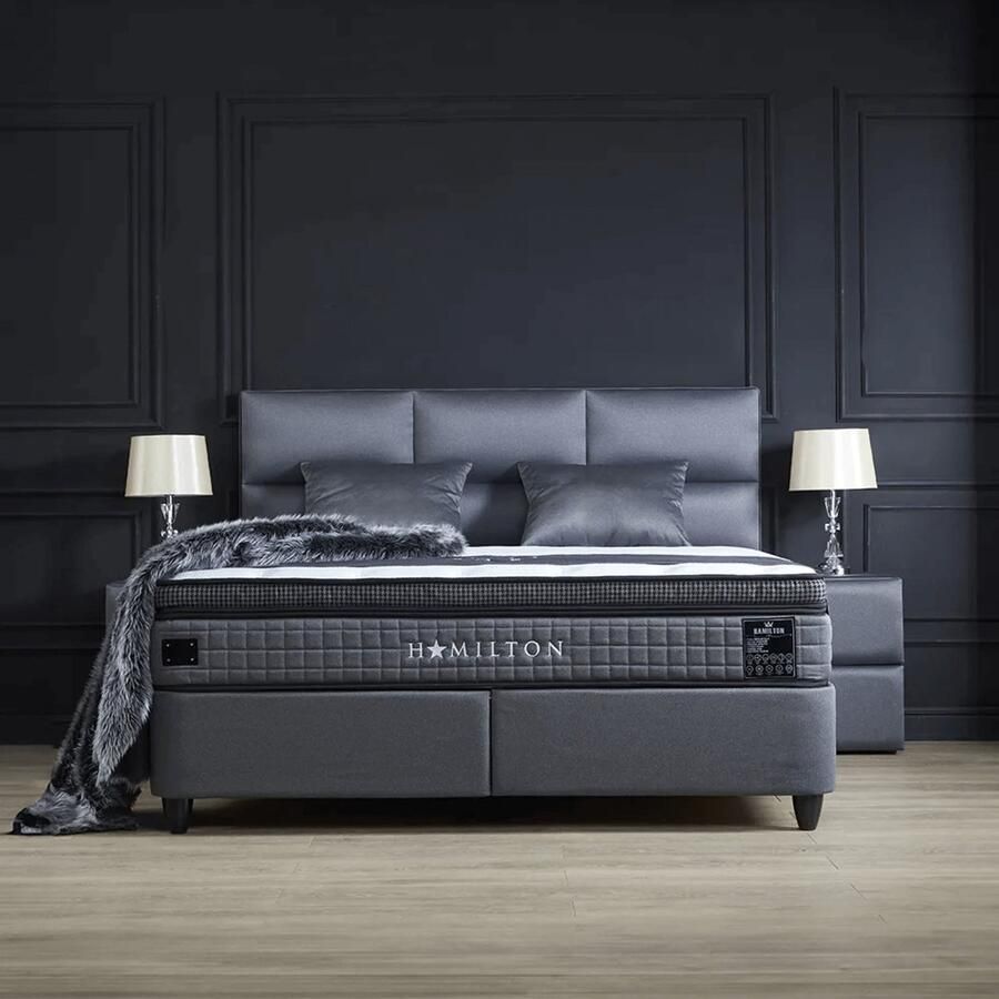 Beddenscout24 Boxspring bed met opbergruimte 180x200 cm Grijs Opbergbed Hamilton Inclusief 30 cm matras en topper HR- Koudschuim