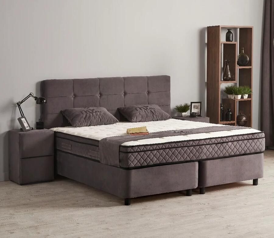 Beddenscout24 Boxspring bed met opbergruimte 180x200 cm grijs Opbergbed Mia Inclusief matras en topper