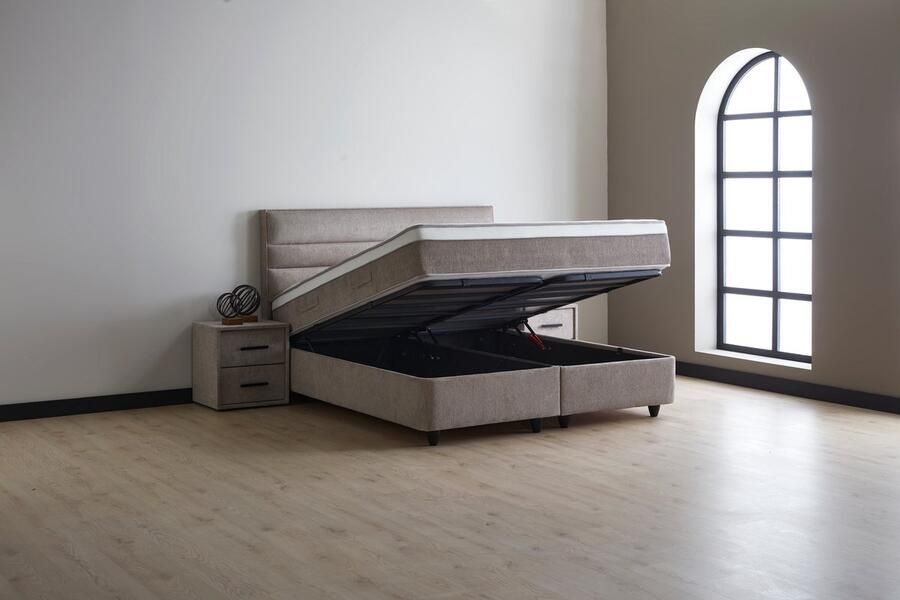 Beddenscout24 Boxspring bed met opbergruimte 160x200 cm Taupe Opbergbed Maya Inclusief 32 cm matras en topper Comfortschuim