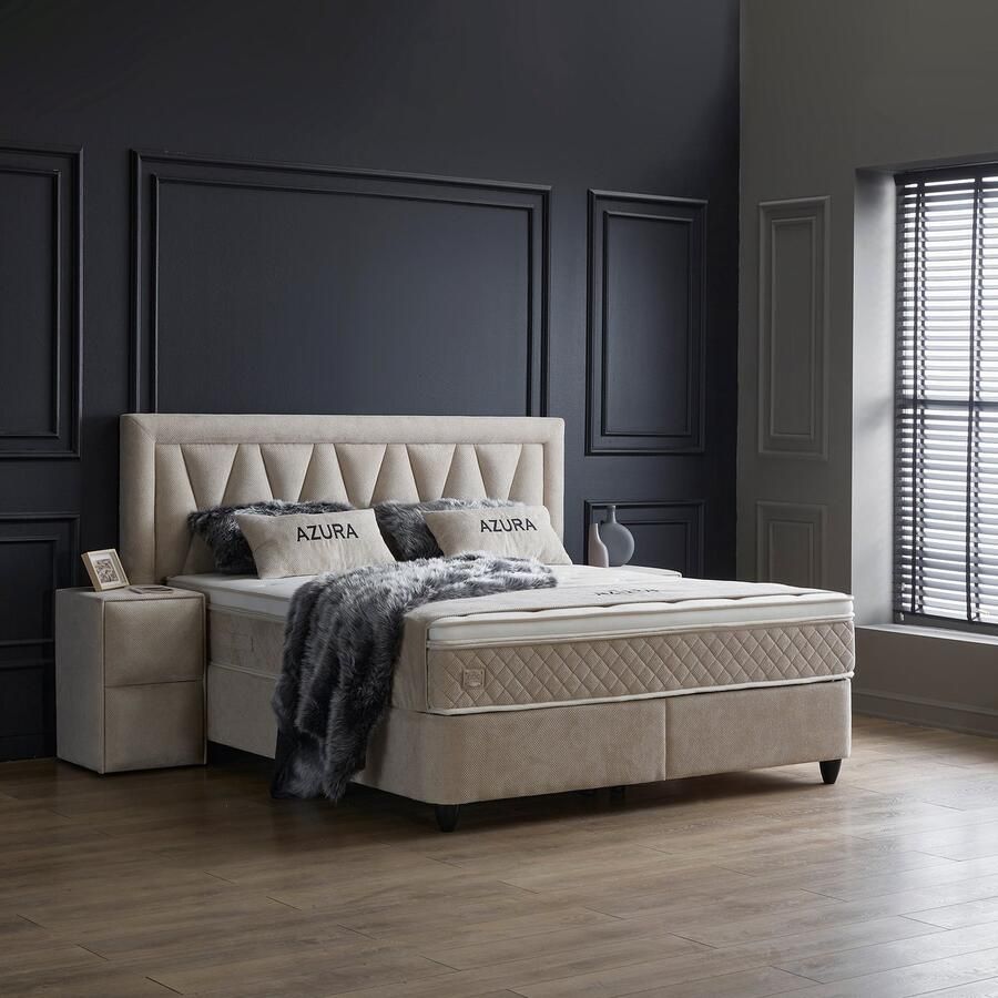 Beddenscout24 Boxspring bed met opbergruimte 140x200 cm Beige Opbergbed Azura Inclusief 30 cm matras en topper HR- Koudschuim