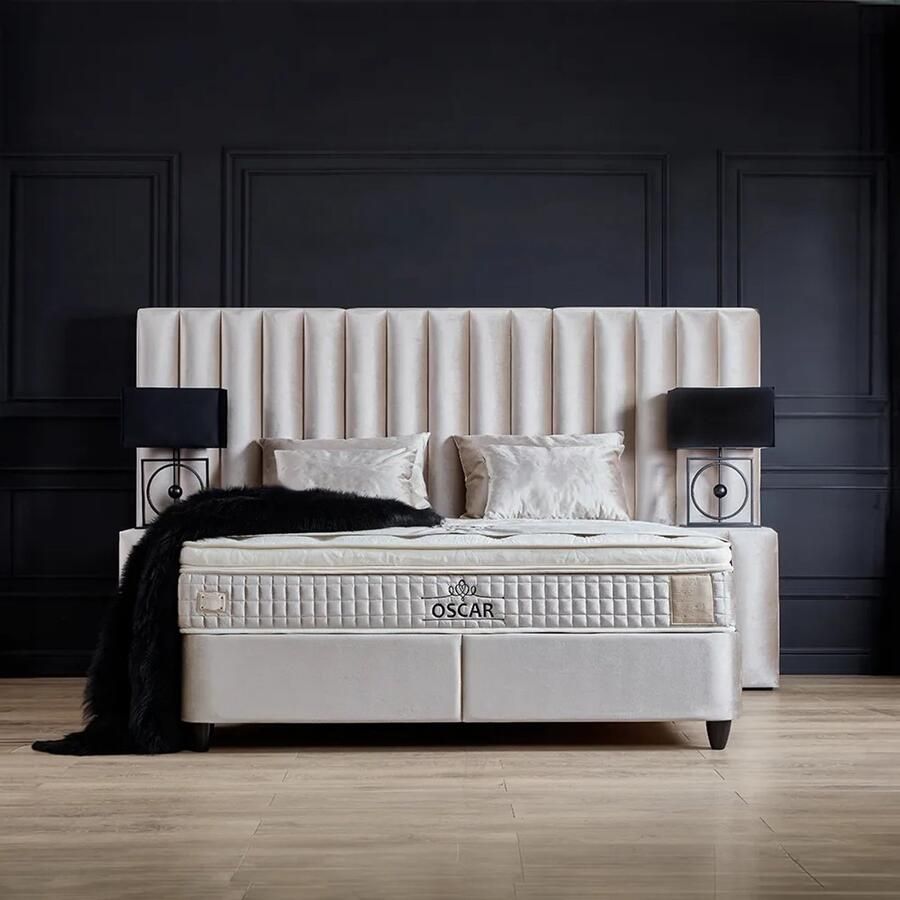 Beddenscout24 Boxspring bed met opbergruimte 180x200 cm Beige Oscar Inclusief 30 cm matras en topper HR- Koudschuim