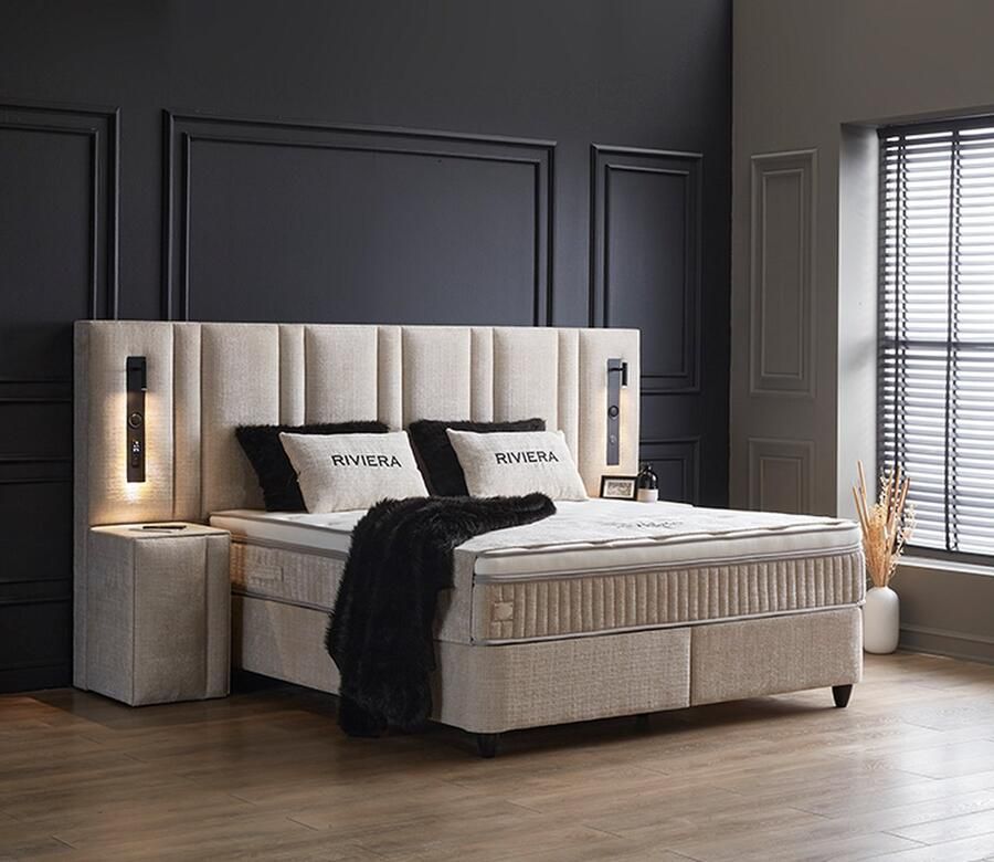 Beddenscout24 Boxspring bed met opbergruimte 180x200 cm Beige- Riviera Inclusief 32 cm matras en topper