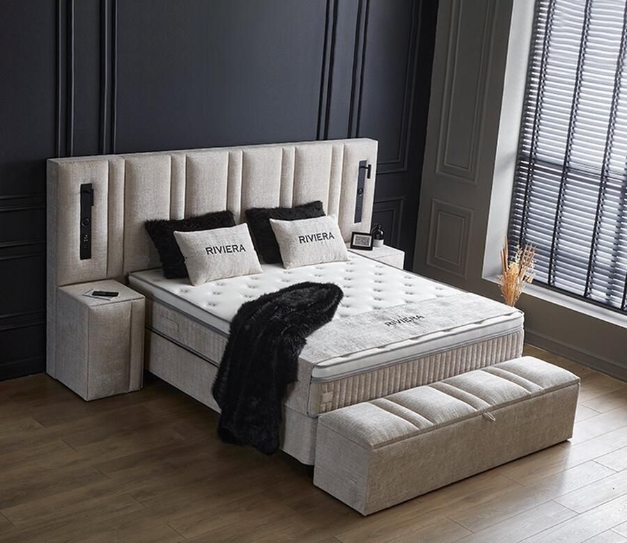 Beddenscout24 Boxspring bed met opbergruimte 180x200 cm Beige- Riviera Inclusief 32 cm matras en topper - Foto 2