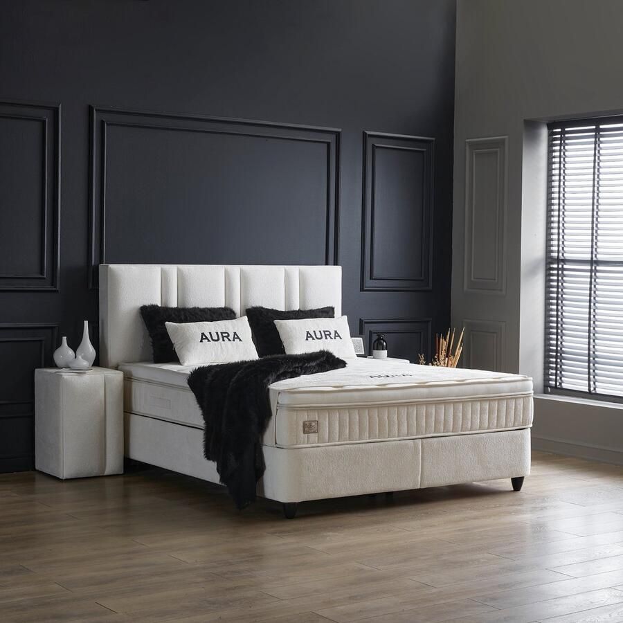 Beddenscout24 Boxspring bed met opbergruimte 180x200 cm Grijs Opbergbed Aura Inclusief 28 cm matras en topper HR- Koudschuim