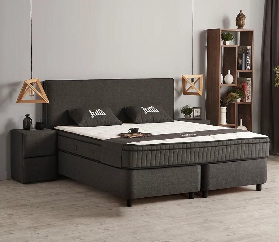 Beddenscout24 Boxspring bed met opbergruimte 180x200 cm grijs Opbergbed Julia Inclusief matras en topper