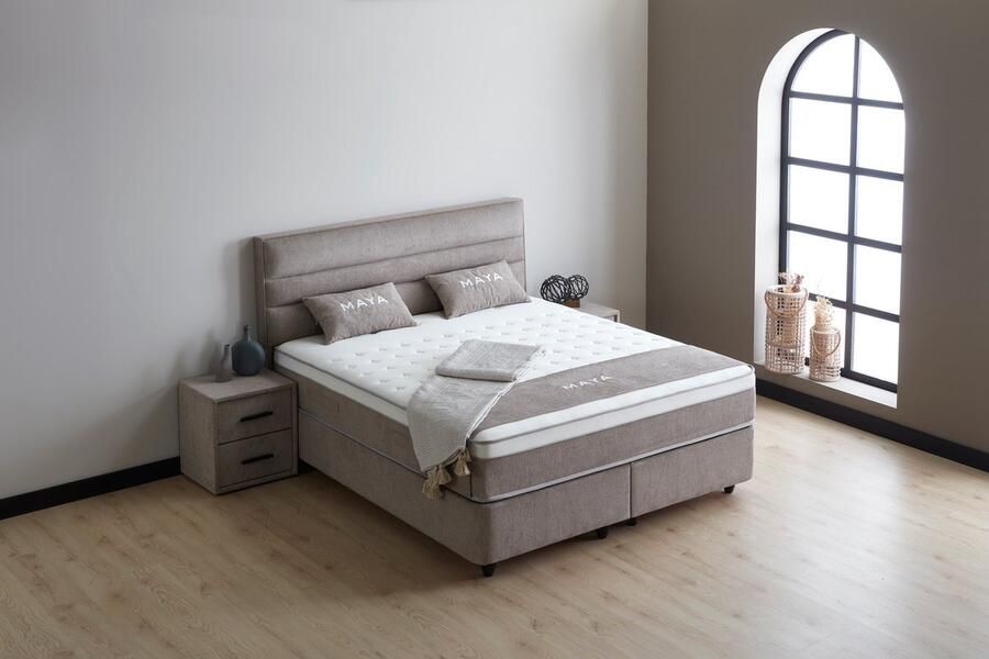 Beddenscout24 Boxspring bed met opbergruimte 180x200 cm Taupe Opbergbed Maya Inclusief 32 cm matras en topper Comfortschuim