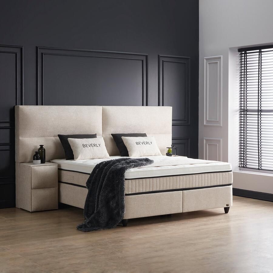 Beddenscout24 Boxspring bed met opbergruimte 160x200 cm Wit Beverly Inclusief 32 cm matras en topper