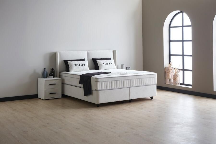 Beddenscout24 Boxspring bed met opbergruimte 180x200 cm Wit Opbergbed Ruby Inclusief 32 cm matras en topper Comfortschuim