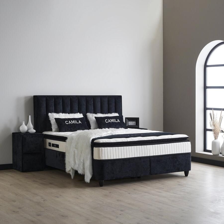 Beddenscout24 Boxspring bed met opbergruimte 140x200 cm Zwart Opbergbed Camila Inclusief matras en topper