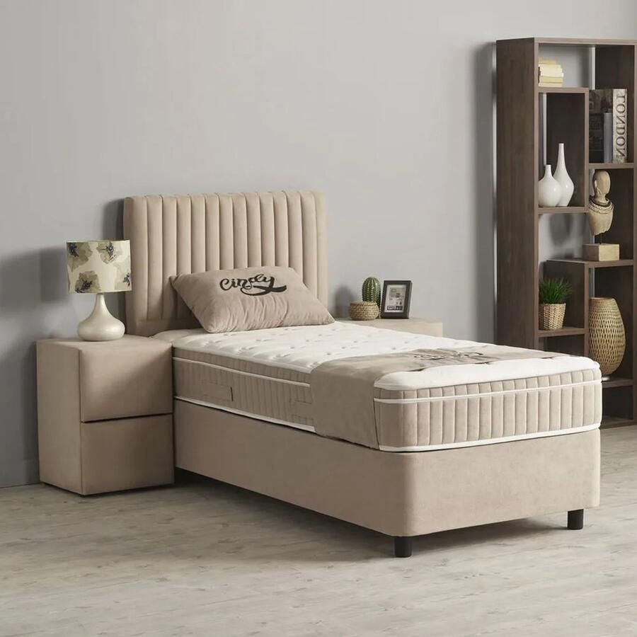 Beddenscout24 Boxspring bed met opbergruimte 90x200 cm beige Opbergbed Cindy Inclusief matras en topper