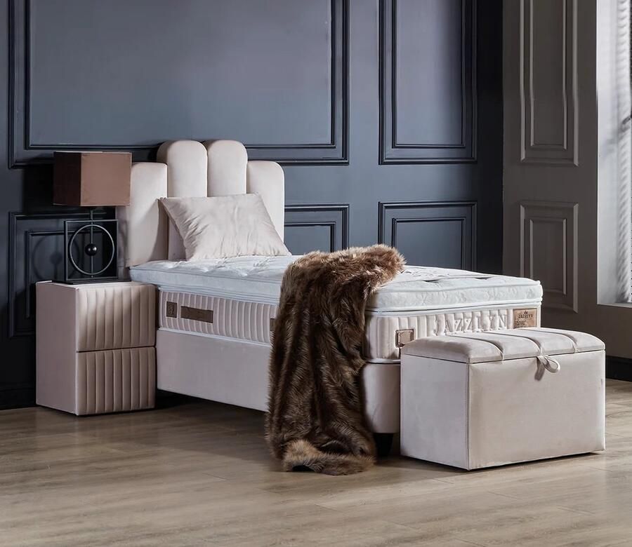 Beddenscout24 Boxspring bed met opbergruimte 90x200 cm Beige Opbergbed Jazzlyn Inclusief 32 cm matras en topper HR- Koudschuim - Foto 3