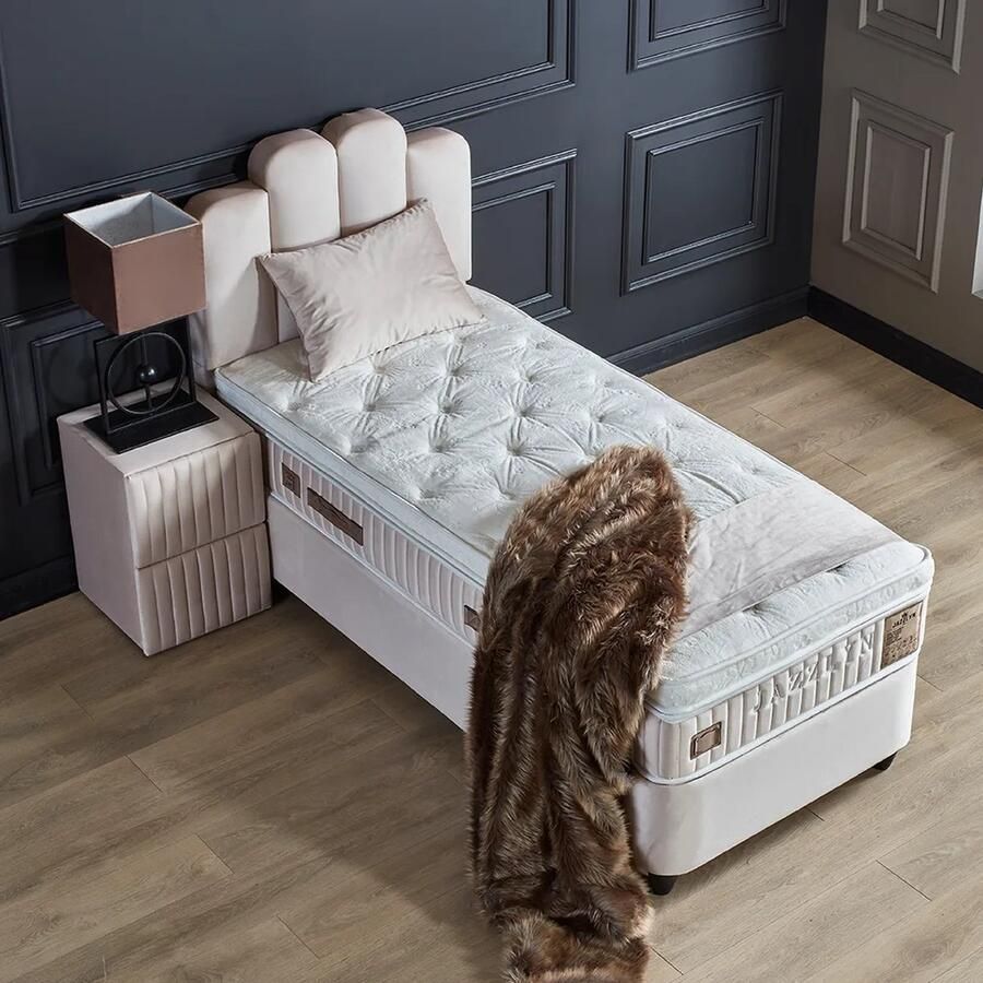 Beddenscout24 Boxspring bed met opbergruimte 90x200 cm Beige Opbergbed Jazzlyn Inclusief 32 cm matras en topper HR- Koudschuim