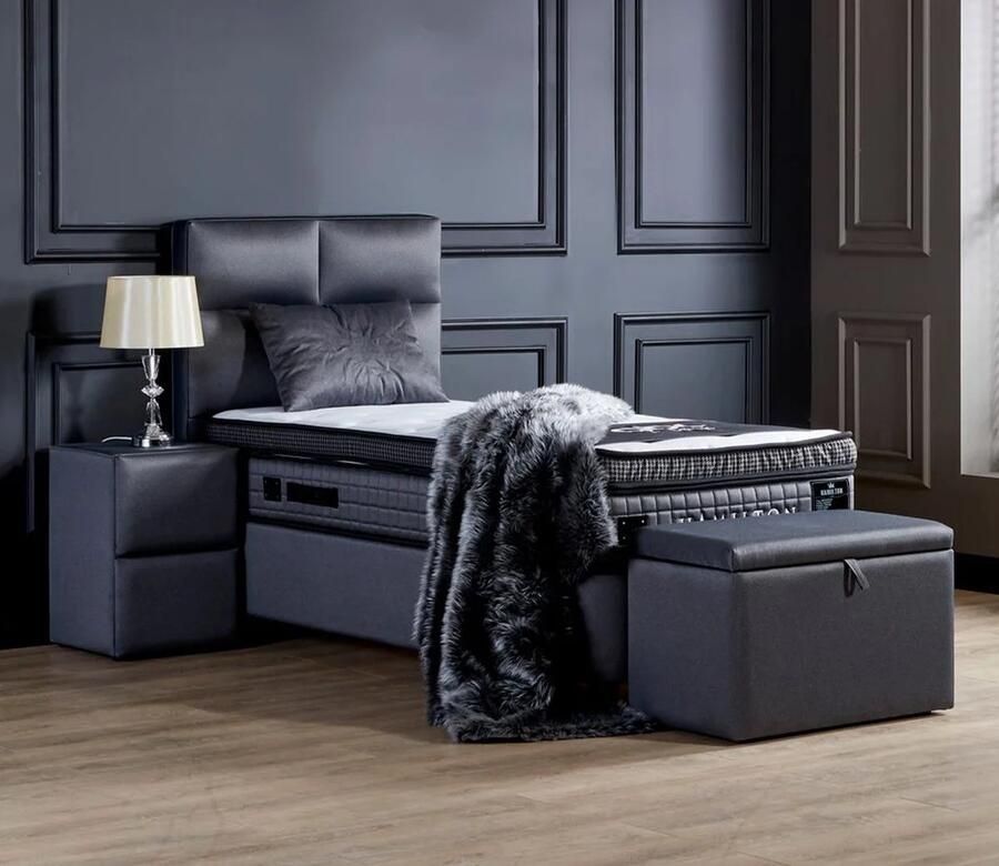 Beddenscout24 Boxspring bed met opbergruimte 90x200 cm Grijs Opbergbed Hamilton Inclusief 32 cm matras en topper HR- Koudschuim - Foto 3