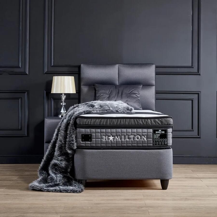 Beddenscout24 Boxspring bed met opbergruimte 90x200 cm Grijs Opbergbed Hamilton Inclusief 32 cm matras en topper HR- Koudschuim - Foto 2
