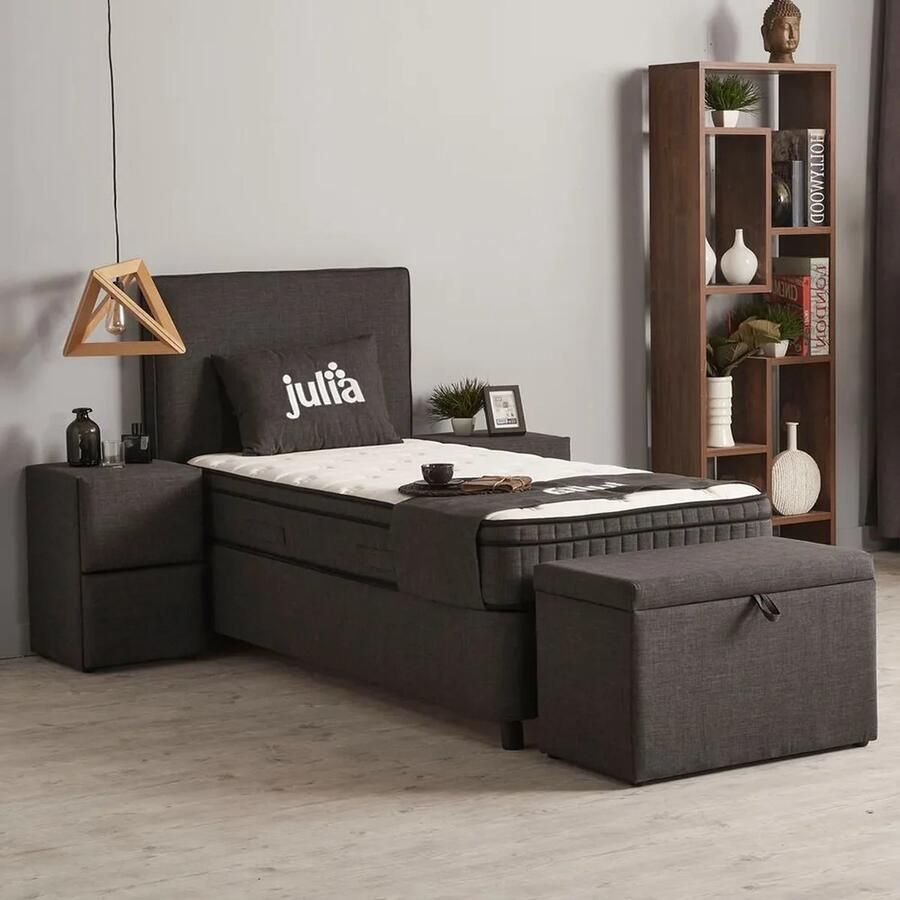 Beddenscout24 Boxspring bed met opbergruimte 90x200 cm grijs Opbergbed Julia Inclusief matras en topper