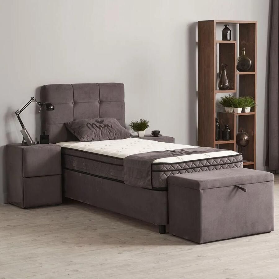 Beddenscout24 Boxspring bed met opbergruimte 90x200 cm grijs Opbergbed Mia Inclusief matras en topper