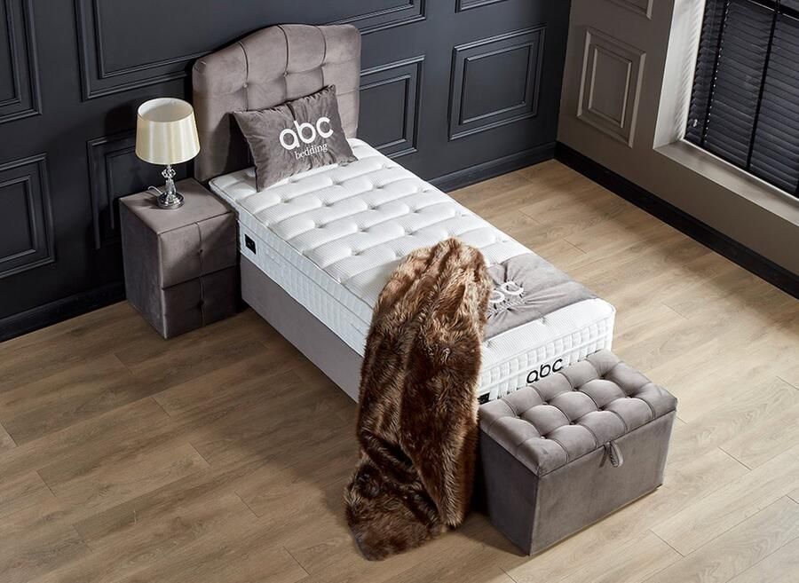 Beddenscout24 Boxspring bed met opbergruimte 90x200 cm Grijs Opbergbed Romeo Exclusief matras en topper