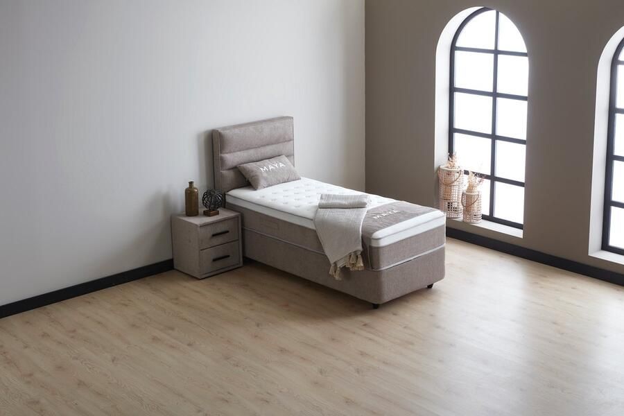 Beddenscout24 Boxspring bed met opbergruimte 90x200 cm Taupe Opbergbed Maya Inclusief 28 cm matras en topper HR- Koudschuim