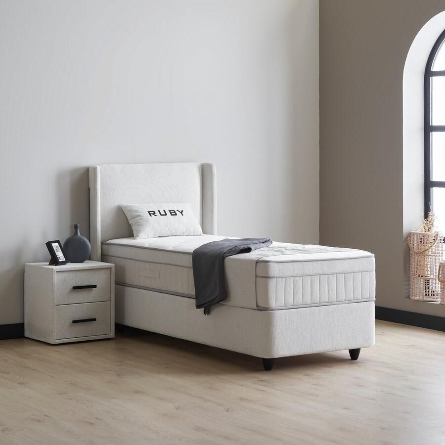 Beddenscout24 Boxspring bed met opbergruimte 90x200 cm Wit Opbergbed Ruby Inclusief 28 cm matras en topper HR- Koudschuim