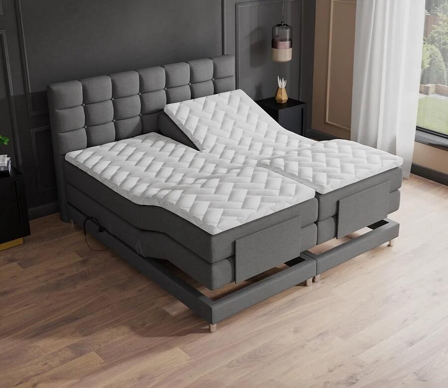 Beddenscout24 Boxspringbed Elektrische Dublin Grijs 160x200 Inclusief cm matras en topper Comfortschuim