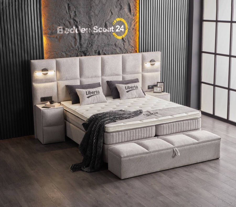 Beddenscout24 Boxspring bed met opbergruimte 160x200 cm Beige Liberta Inclusief 19 cm matras en topper