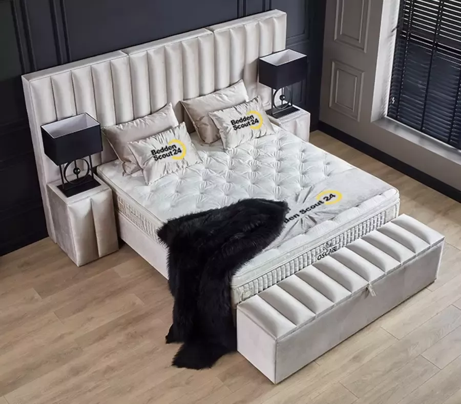 Beddenscout24 Boxspring bed met opbergruimte 160x200 cm Beige Oscar Inclusief 30 cm matras en topper HR- Koudschuim