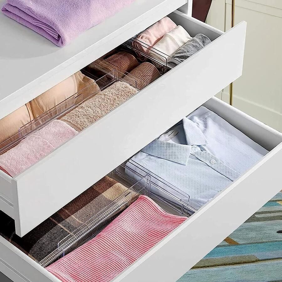 Bedee 8 x Transparante telescopische ladeverdelers + dubbelzijdige tape * 24 stuks Verstelbare ladeverdelers van kunststof Telescopische verdelers Op maat gemaakte ladekasten