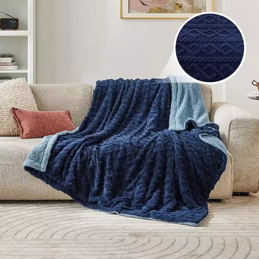 Bedsure Deken bank gebreide deken woondeken knuffeldeken klein 130 x 150 cm sofadeken dubbel gezicht extra zacht knuffeldeken wollige woonkamer wollen deken blauw plaid