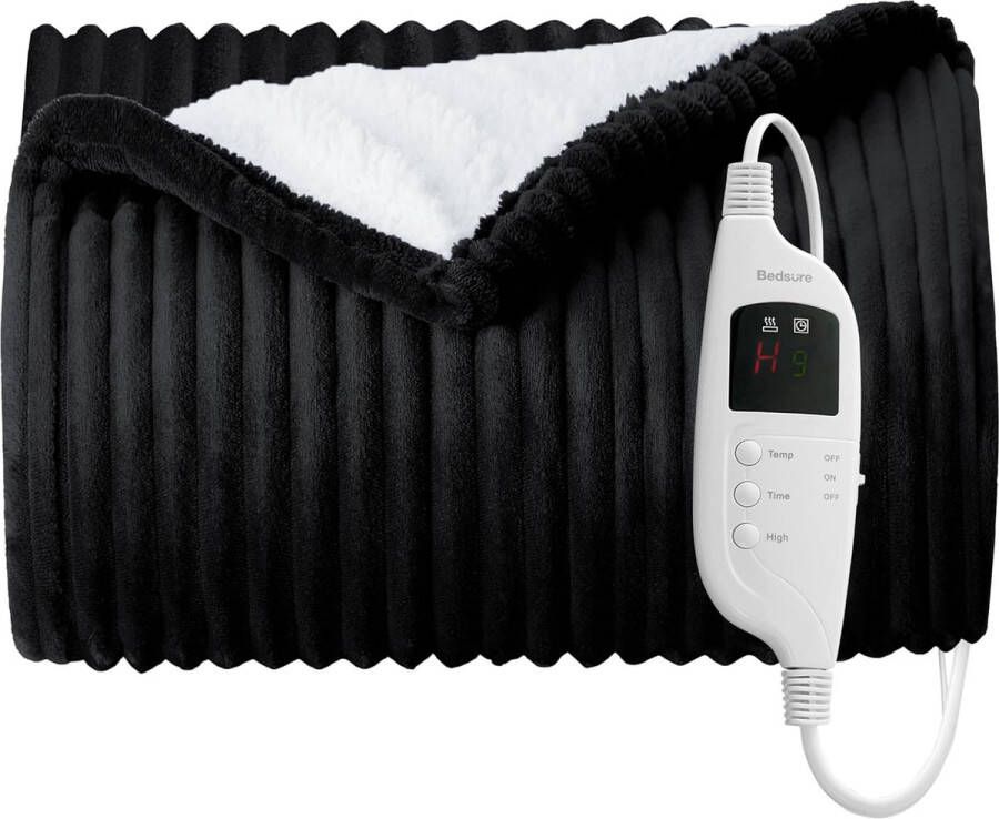 Bedsure Elektrische deken 130x180cm Zwart geribbeld 8 warmtestanden 9 tijdinstellingen snelle opwarming wasbaar zachte warme fleece deken voor bed kantoor bank