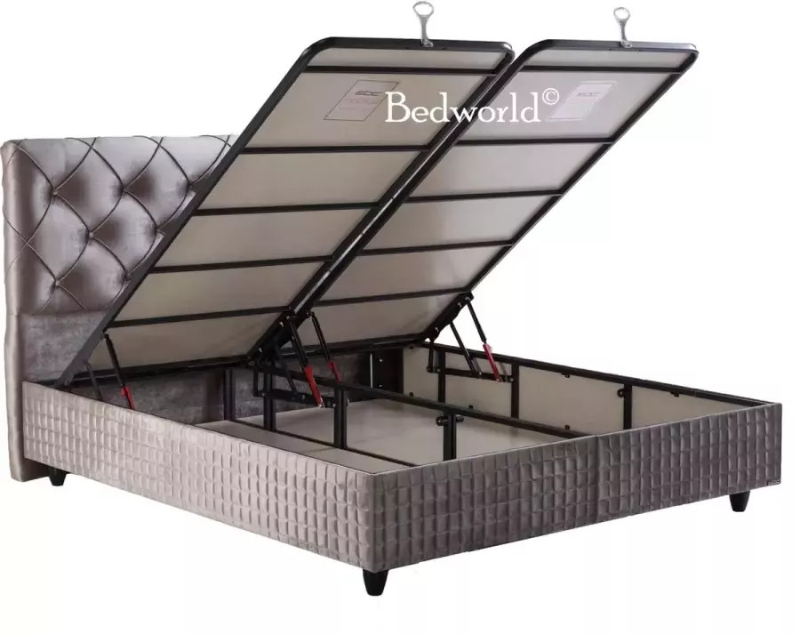 Bedworld Collection Bedworld Boxspring met Opbergruimte 160x200 cm Bed met Opbergruimte Met Matras Grijs Suna