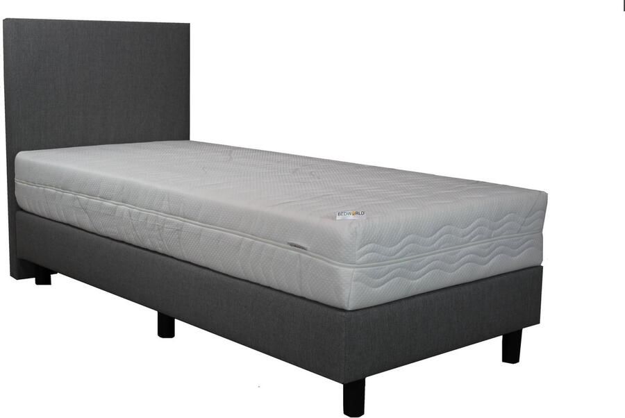Bedworld Collection Bedworld Boxspring 90x210 cm met Matras Luxe Hoofdbord Gestoffeerd Pocketvering Matras Grijs