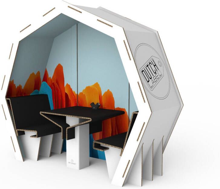 Bee Connect Dutch Label Spreekruimte Bee Connect Duurzaam standinrichting Beurswand Circulair Presentatiewand Zitruimte Popup Beursstand Werkruimte Event 2 persoons persoonlijk ontwerp