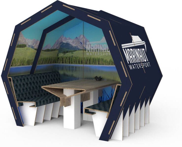 Bee Connect Dutch Label Spreekruimte Bee Connect Duurzaam Zithoek Overlegruimte Vergaderruimte Circulair Vergader box Zitruimte Pop-up Beursstand Werkruimte Kantoor – Event 4 persoons karton persoonlijk ontwerp beeconnect