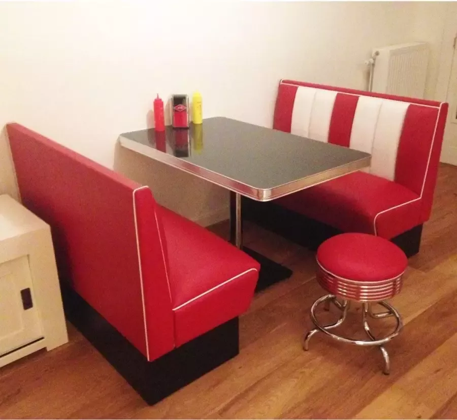 Bel Air Retro Fifties Furniture 2 x Classic Dinerbanken Rood + Tafel + Kruk