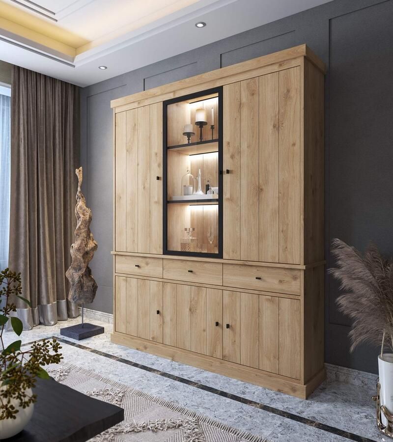 BELFURN Balencia lichte eik vitrinekast 2 volle en 1 glasdeur 182 cm met Led verlichting