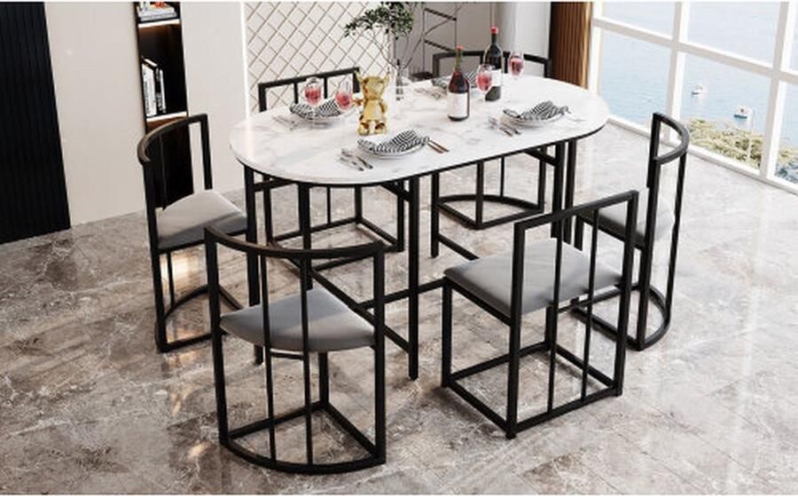 BELFURN Eetgroep (set met eettafel 4 kleine krukjes en 2 grote krukjes) keuken eettafelset gemaakt van stalen frame Modern wit en zwart
