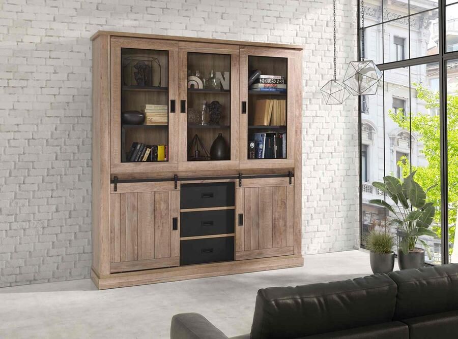 BELFURN Hugo industriele eik vitrine 3 deuren 190cm