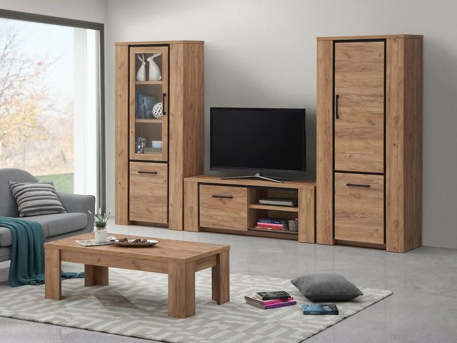 BELFURN TV-wand Elio 315cm bestaande uit Tv-meubel met 1 x kolom glasdeur en 1 kolom volle deur