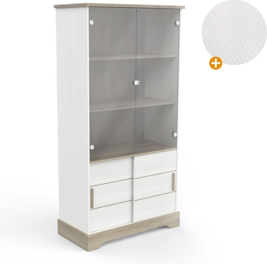 BELFURN Vitrinekast Cottage 93x180cm met 2 glasdeuren en 2 schuifdeuren in kronberg eik en wit