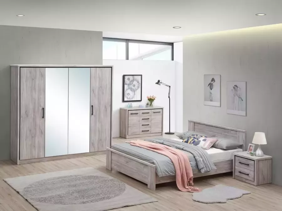 BELFURN Elias 4 delige 2 persoons slaapkamer in grijze eik met 4 deurs kledingkast en bed van 140 x 200 cm