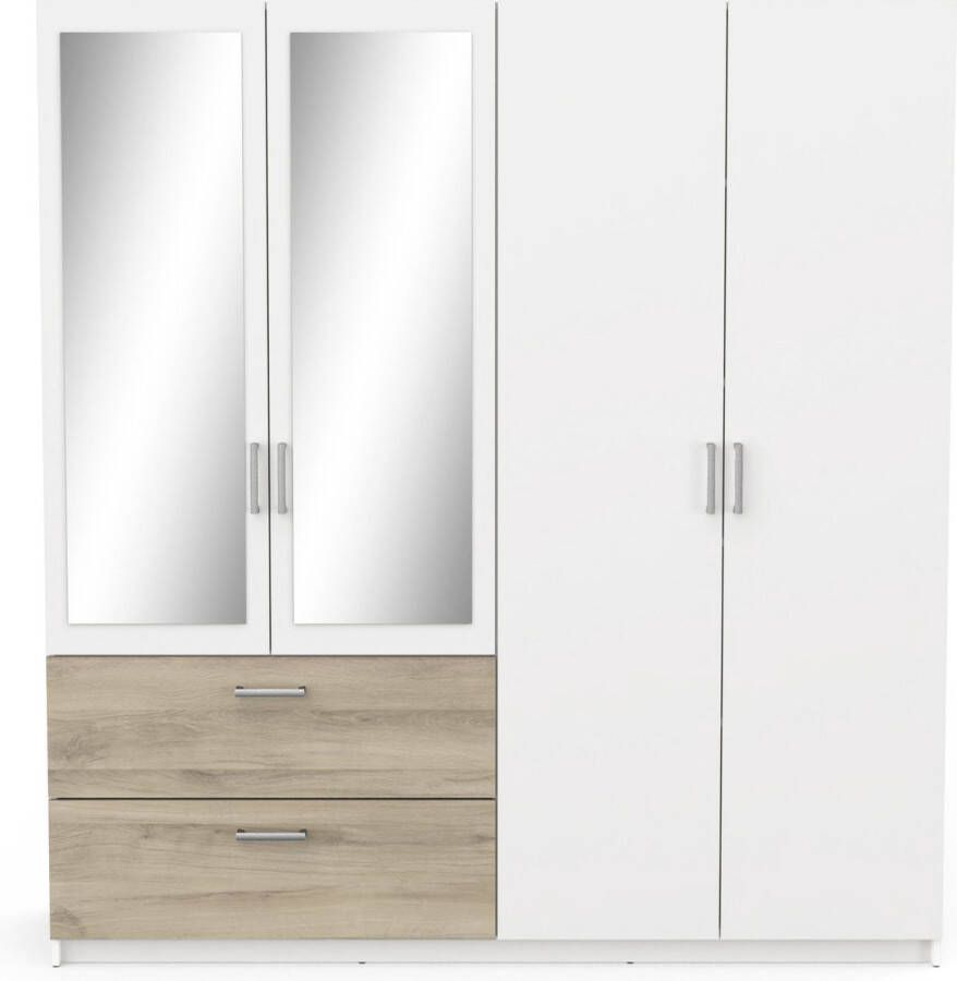 BELFURN Ready 4 deurs kledingkast met 2 spiegeldeuren 179x192cm in dekor wit met eik
