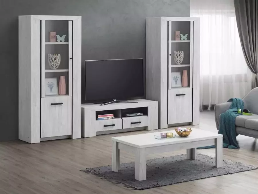 BELFURN -TV-wand Elvis in een decor van witte eik bestaande uit Tv-meubel met 2 x kolom glasdeur