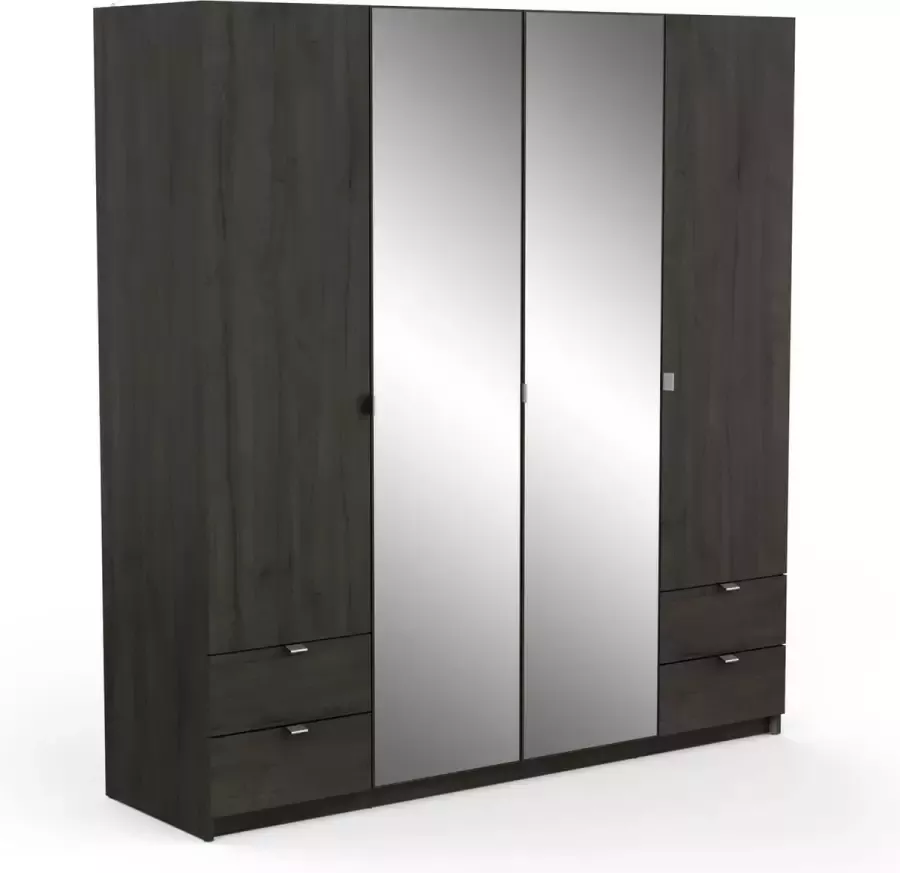 BELFURNDEM Belfurn 4 deurs kledingkast met 2 spiegeldeur en 4 lades Mellie ebony 180x192cm