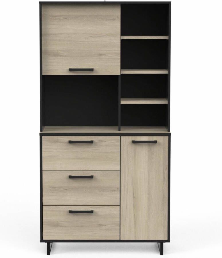 CBA Buffetkast Norma 2 draaideuren 4 legplanken 3 lades en 1 open vak-Kronberg eik matzwart