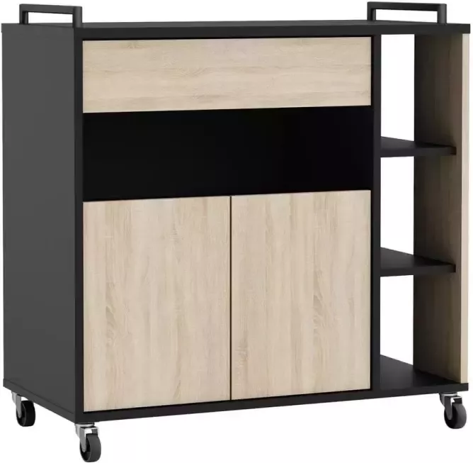 CaliCosy EMOB Keukentrolley Inès-ruwe eik zwart CBA Keukentrolleys Bruin; Zwart Melamine; Kunststof; Spaanplaat Keukentrolleys Op voorraad - Foto 4