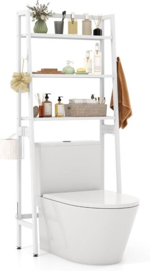 Belfurni FURNIBELLA-Witte vrijstaande toiletplank – Badkamerplank met verstelbare planken 65x28x159 cm