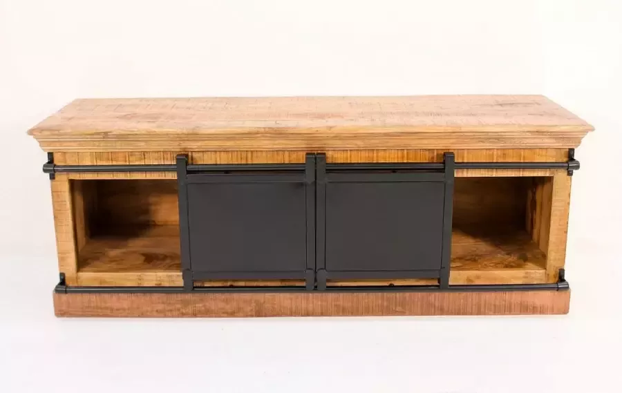 BELFURNID Belfurn Iron- tv kast in mango hout met zwart metalen schuifdeuren