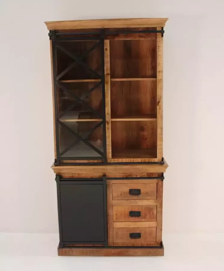 BELFURNID Belfurn Iron vitrinekast 100 cm in mango hout met zwart metalen schuifdeuren